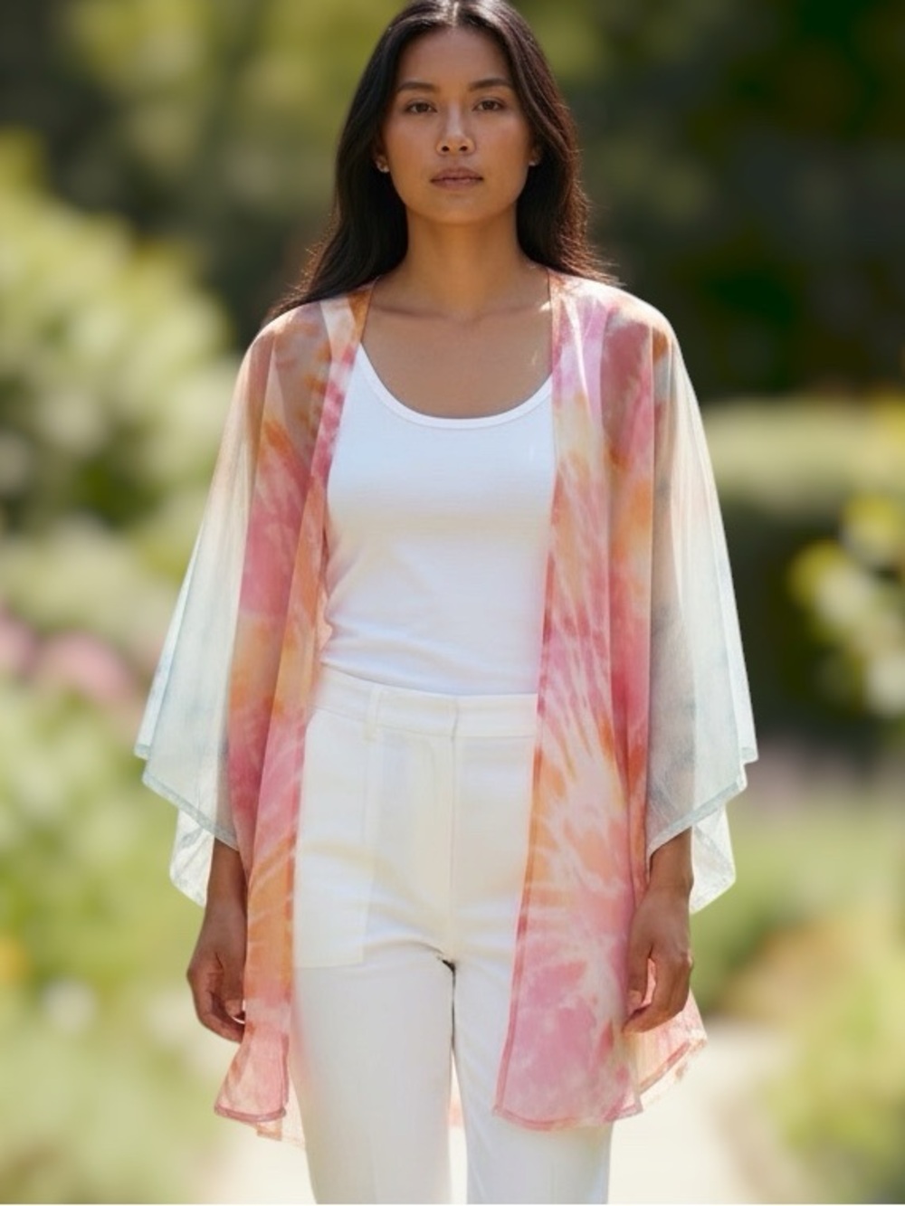 Sheer Tie-Dye Kimono Cardigan in Pastel Pink & Peach with contrasting sleeves